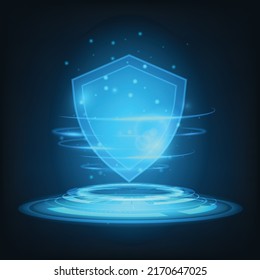 Vector blue shield with glowing effect. Security data concept.