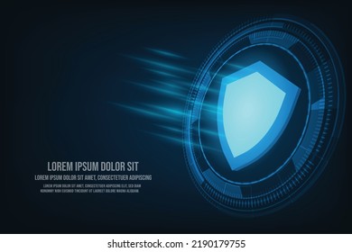 Vector blue shield with glowing effect. Security data concept. Technology on blue background.