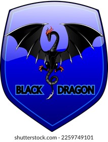 Vector blue shield with highlighted black dragon. Illustrative art, amazing illustration, cute and adorable! The best vector dragon made on whim! Decoration for halloween night! God is good!