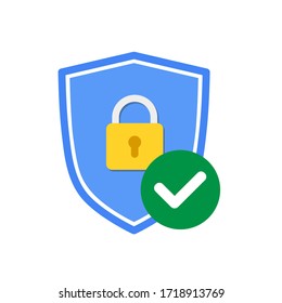 Vector blue shield with padlock icon and check mark design isolated on white background.