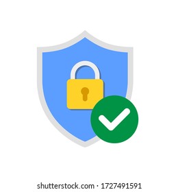 Vector blue shield with padlock icon and check mark design isolated on white background.