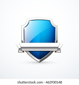 Vector blue shield with ribbon. Metal shield