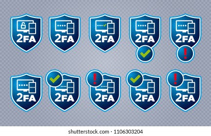 Vector blue shield shaped two factor authentication user interface icons with validity indicators