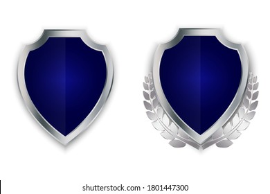 Vector blue shield. Silver family coat of arms. Heraldic royal illustration. Medieval emblem. Vector image.