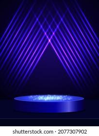 Vector blue shining background with podium for presentation, concert and show design