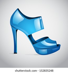 Vector blue shiny high heel shoe with diamonds