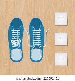 Vector blue shoe with paper stick on wooden texture background.