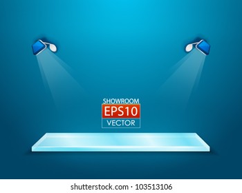 Vector blue showroom with glass shelf