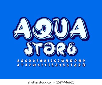 Vector Blue Sign Aqua Store With Handwritten Font. Creative Alphabet Letters And Numbers