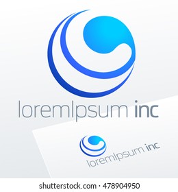 Vector blue sign in sphere shape. Logo for Business, Technology, Corporation.