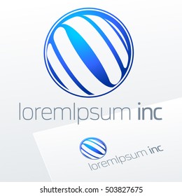 Vector blue sign in sphere shape. Logotype for Business, Technology, Corporation.