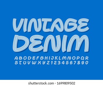 Vector blue sign Vintage Denim with textile Font. Blue Jeans Alphabet Letters and Numbers
