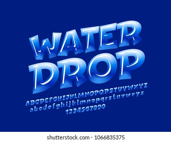 Vector Blue Sign Water Drop. Candy style Font. Glossy Alphabet Letters, Numbers and Symbols