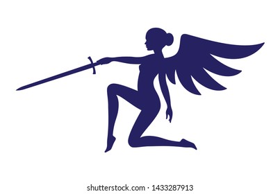Vector blue silhouette cute kneeling woman with Angel's wings and sword. Isolated on white background