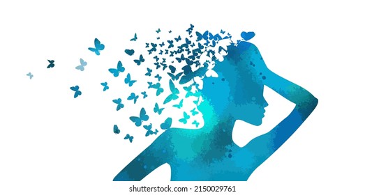 Vector blue silhouette of a girl surrounded by butterflies on a white background.