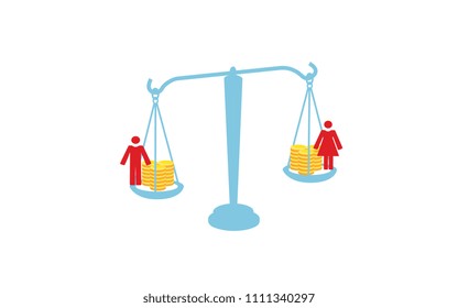 Vector blue silhouette image of scales with coins and a man and woman