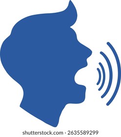 Silhueta azul de vetor da pessoa falando cabeça ícone emoji com linhas demonstrando a fala