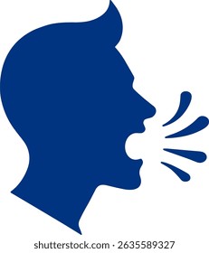 Vector blue silhouette of speaking person head emoji icon with lines demonstrating speech