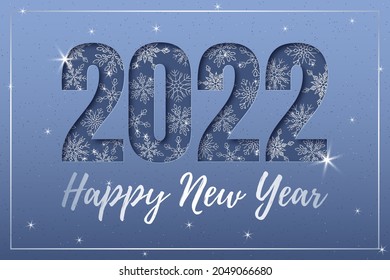 Vector Blue and Silver Shiny Christmas Banner. Text Happy New Year. Decorative 2022. Glitter Snowflakes. Shiny Background.