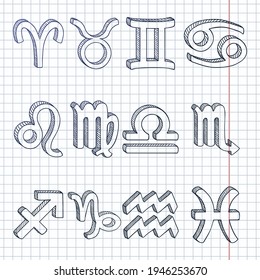 Vector Blue Sketch Set of 12 Zodiac Signs.