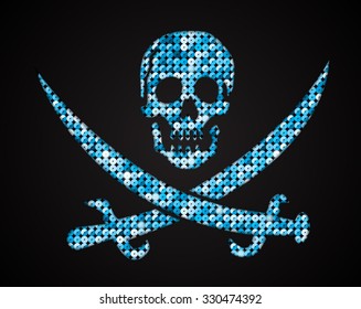 Vector blue skull. Jolly Roger. Pirate flag. Sequins, pallettes.