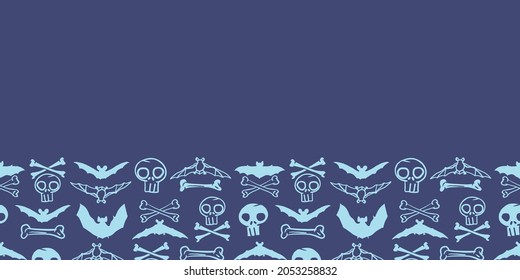 Vector blue skulls bats bone border repeat pattern