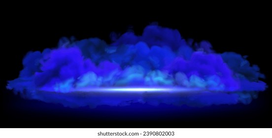 Vector blue smoke on ground backdrop. Purple clouds on black background, shining in dark banner template with copy space. Halloween night illustration. Mystic stage or display