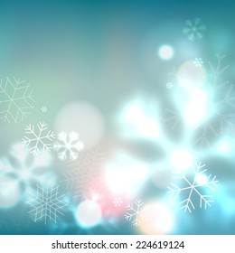 Vector blue snowflakes blurred background, defocused template design for winter flyer or banner