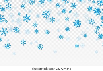 Vector blue snowflakes are falling from the sky. Snowflakes png, winter, snow flakes png. Snowfall, blizzard. Christmas background.