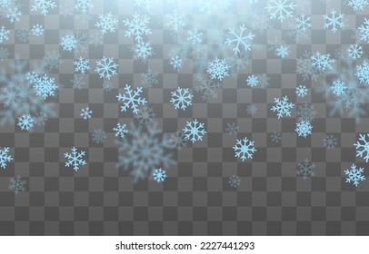 Vektorblaue Schneeflocken fallen vom Himmel. Schneeflocken png, Winter, Schneeflocken png. Schneefall, Blindheit. Weihnachtshintergrund.