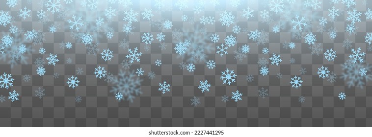 Vector blue snowflakes are falling from the sky. Snowflakes png, winter, snow flakes png. Snowfall, blizzard. Christmas background.