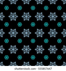 Vector blue snowflakes on black background. Abstract minimal seamless pattern background.