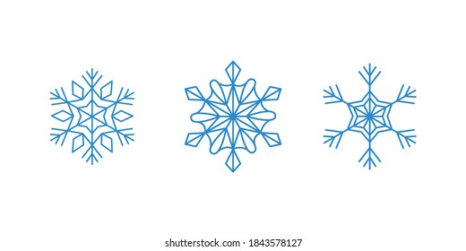 Vector blue snowflakes on the whitebackground. Isolated outline flakes set. Line art collection for winter decor