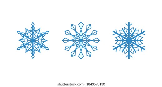 Vector blue snowflakes on the whitebackground. Isolated outline flakes set. Line art collection for winter decor