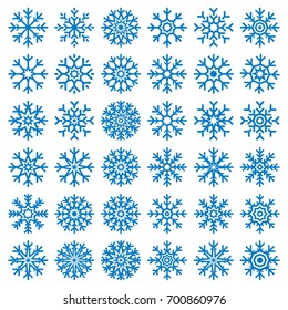 Vector blue snowflakes set on white background, winter icons silhouette, 36 ice stars, vector elements for your Christmas and New Year holiday design projects