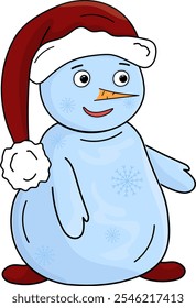 Vector blue Snowman with orange carrot nose and red Claus hat with arms and legs. Doodle color illustration for winter designs.