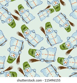 Vector blue snowman seamless background. Christmas design.