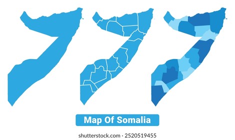 Vector Blue Somalia political maps with borders regions simple flat illustration set 