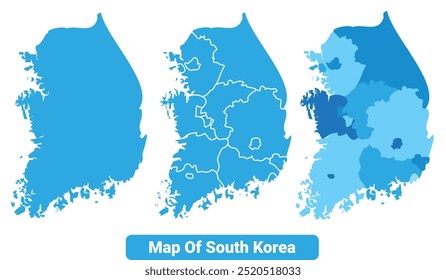 Vector Blue South Korea political maps with borders regions simple flat illustration set 