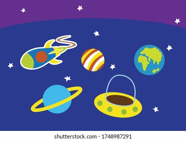 Vector of blue space image with earth, saturn and other stars, spacecraft and rockets.