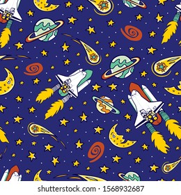 Vector blue space shuttle blast off with colorful stars, moon and comet repeat pattern. Great for kids wall murals and wrapping paper or fabric.