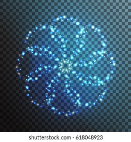 Vector blue sparkle flower shaped effect on the transparent background. Realistic glowing light for decoration.