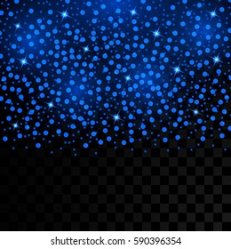 Vector blue sparks and glowing starlight on transparent background. Glittering light effect with magic flares and bokeh.