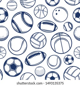 Vector blue sport balls seamless pattern or background