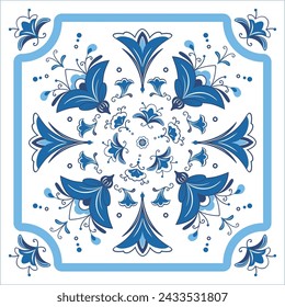 vector blue square ceramic tile inspired by famous portuguese azulejos