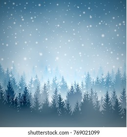 Vector blue square landscape with silhouettes of trees and falling snow