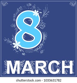 Vector blue square simply greeting card 8 march with floral elements