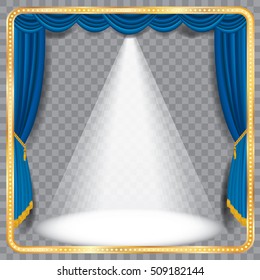 vector blue stage with one white spot light, transparent background eps 10, layered and editable blank theater or cinema background