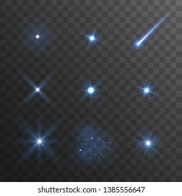 Vector blue star light effect collection isolated on dark background