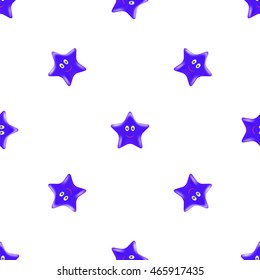Vector Blue Star Seamless Pattern. Smiling Star Isolated on White Background